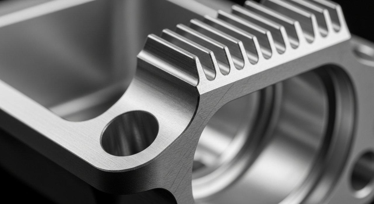 Close-up macro photograph of a precisely CNC machined aluminum component, showcasing its lightweight yet strong appearance. The intricate details suggest an aerospace bracket or a high-performance heat sink, featuring finely machined fins and complex pocketed design for advanced engineering applications.