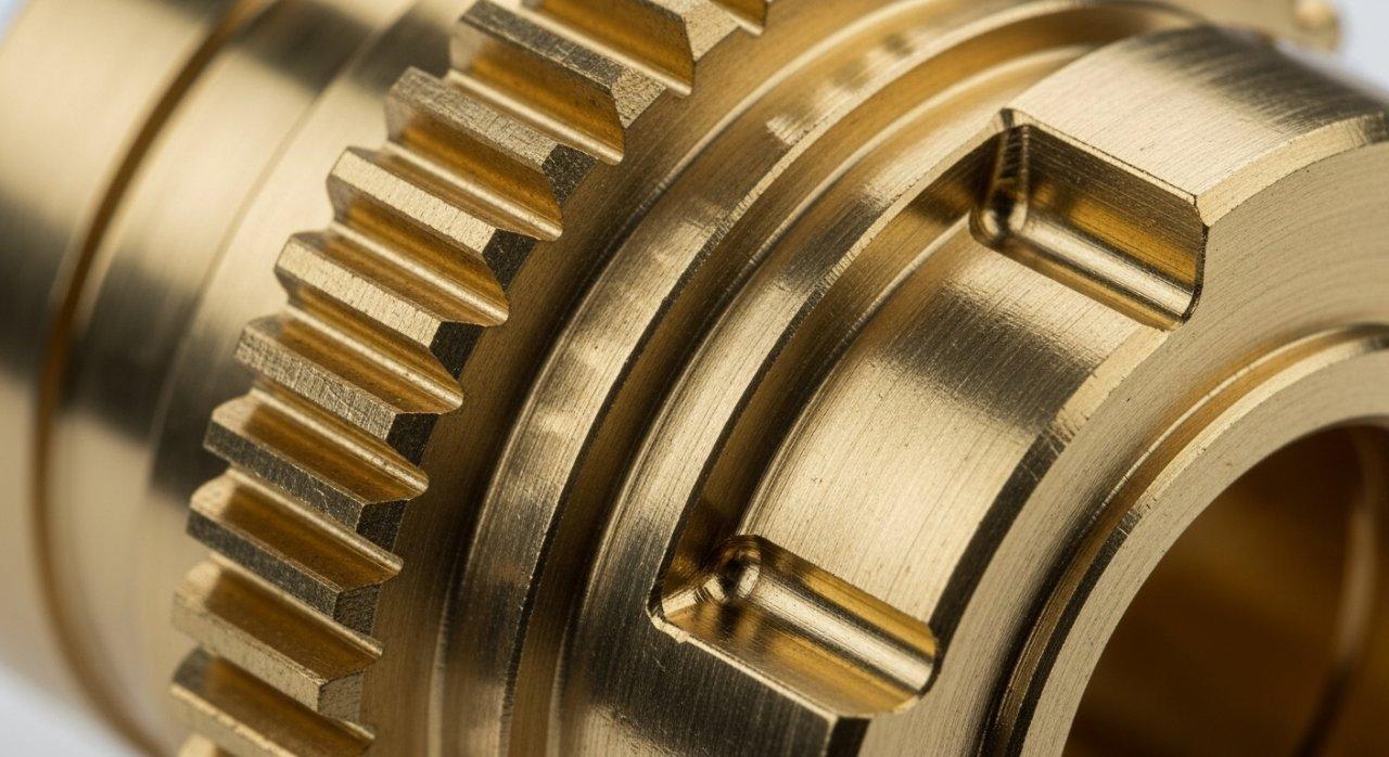 Close-up macro photograph of a precisely CNC machined brass component, showcasing its smooth, reflective surface finish and intricate details. This high-precision part could be a small gear or connector for an optical instrument or medical device.
