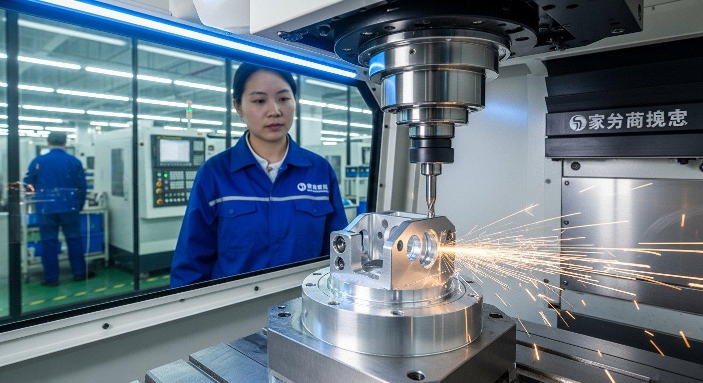 Zoom sur une machine CNC coupant précisément un composant de gimbal UAV en métal, mettant en valeur des outils de coupe fins et une usinage CNC de haute qualité crucial pour