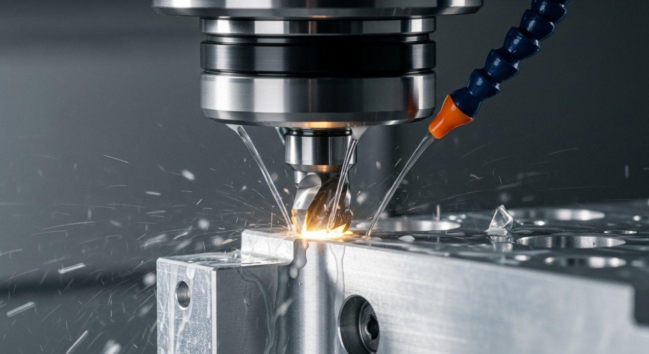 Close up of a CNC machine spindle actively cutting a 6061 aluminum workpiece with coolant flowing over a specialized carbide end mill revealing i