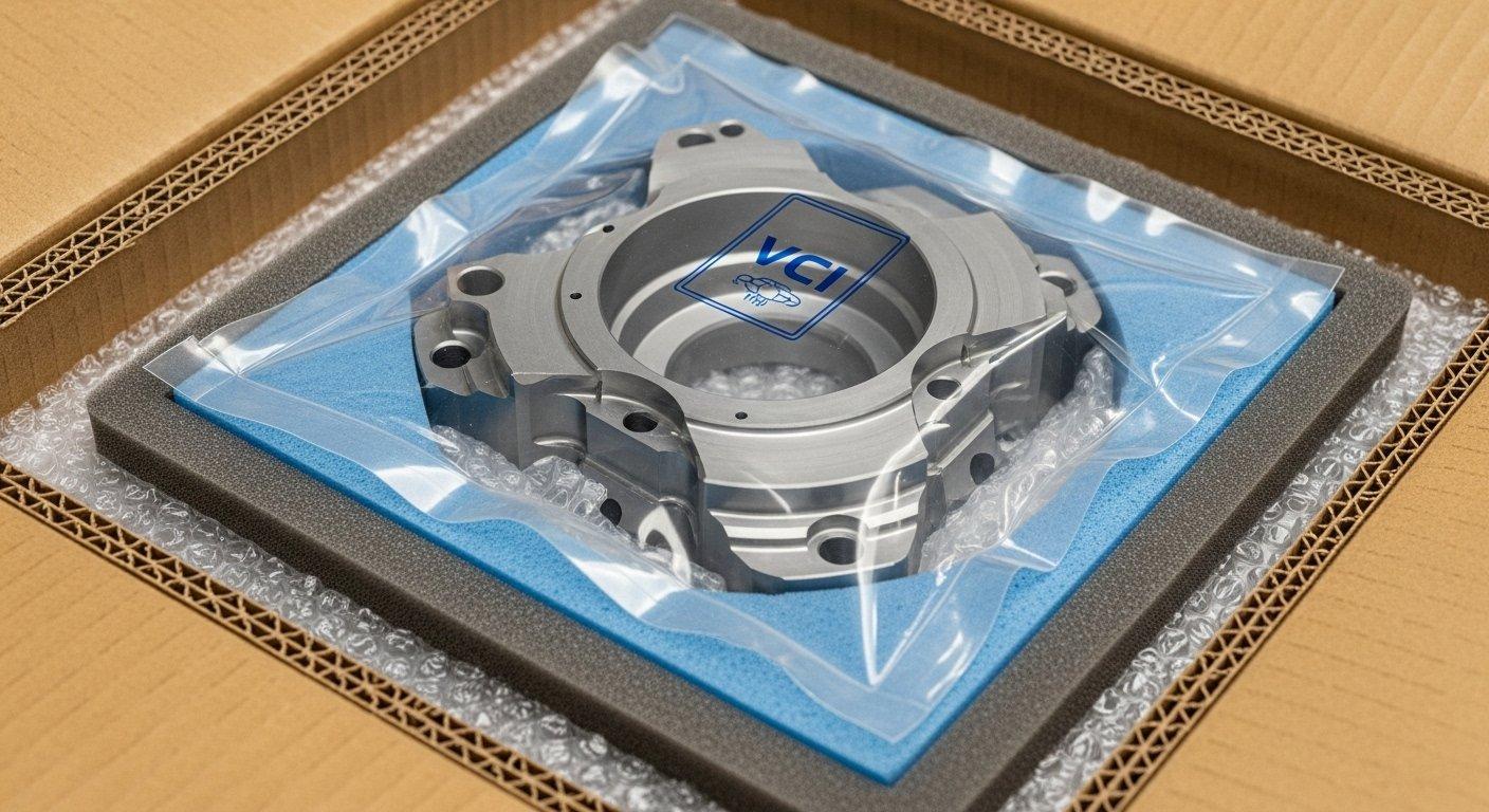 Zoom sur un composant usiné CNC dans un sac VCI niché dans une mousse découpée sur mesure à l'intérieur d'une boîte ondulée, mettant en valeur un emballage protecteur multicouche