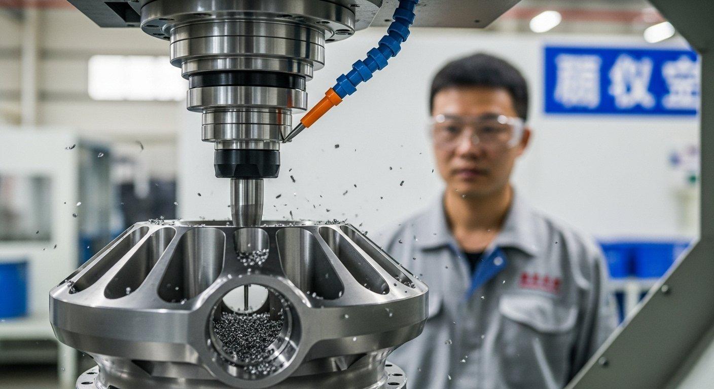 Gros plan sur un outil de coupe de machine CNC sculptant précisément un moyeu d'hélice de drone en titane complexe, mettant en évidence la précision de l'usinage multi-axes.