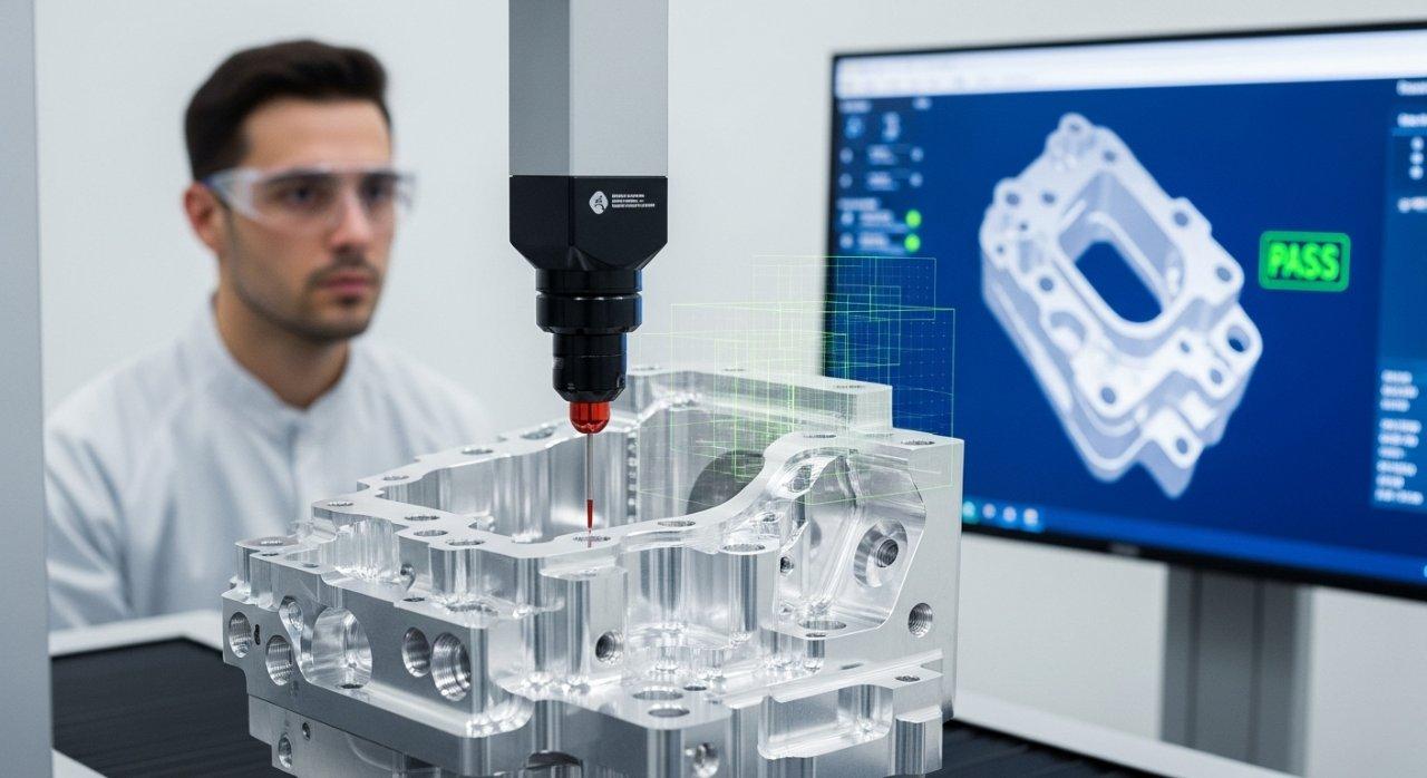Close-up of a Coordinate Measuring Machine (CMM) arm precisely touching a complex CNC machined part on an inspection table. An engineer in a cleanroom coat observes the digital readout on a screen in the background, emphasizing meticulous quality control and precision measurement in manufacturing.