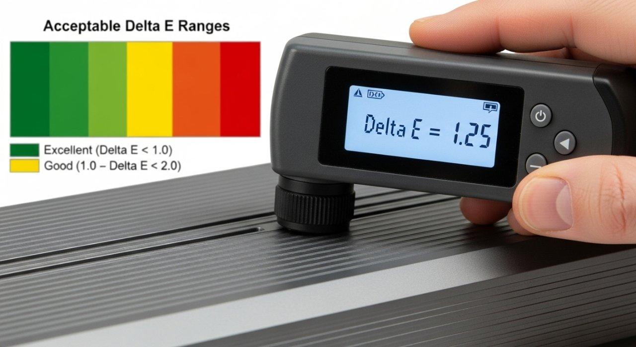 Close-up of a hand-held spectrophotometer measuring Delta E color difference on an anodized aluminum electronic casing, with a digital display showing the reading. In the background, a chart displays acceptable Delta E ranges for quality control and color accuracy in manufacturing.