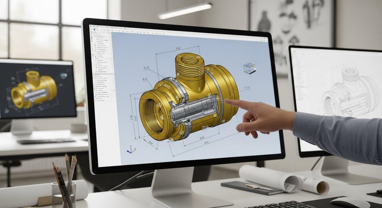 Primer plano de una mano señalando características detalladas en un modelo CAD de una pieza compleja de latón mostrada en una pantalla de ordenador en un entorno de ingeniería moderno