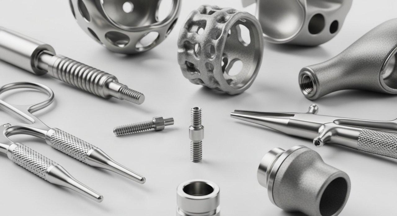 Close up of a high quality collection of high precision CNC machined medical device components including intricate titanium implant parts polish