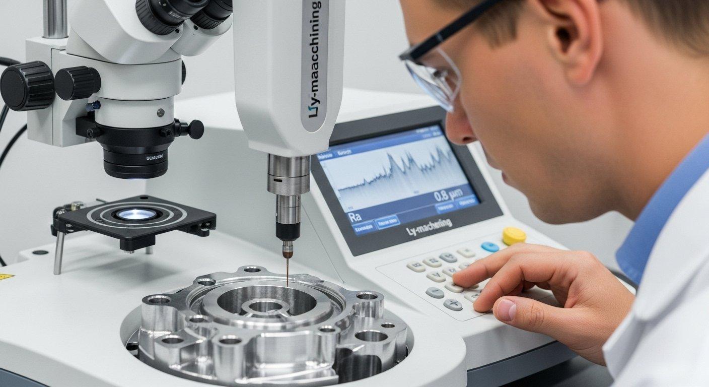 Kalite kontrol mühendisi, CNC işlenmiş bir parça üzerinde hassas yüzey pürüzlülüğü Ra değeri ölçümü için profilometre kullanan yakın çekim