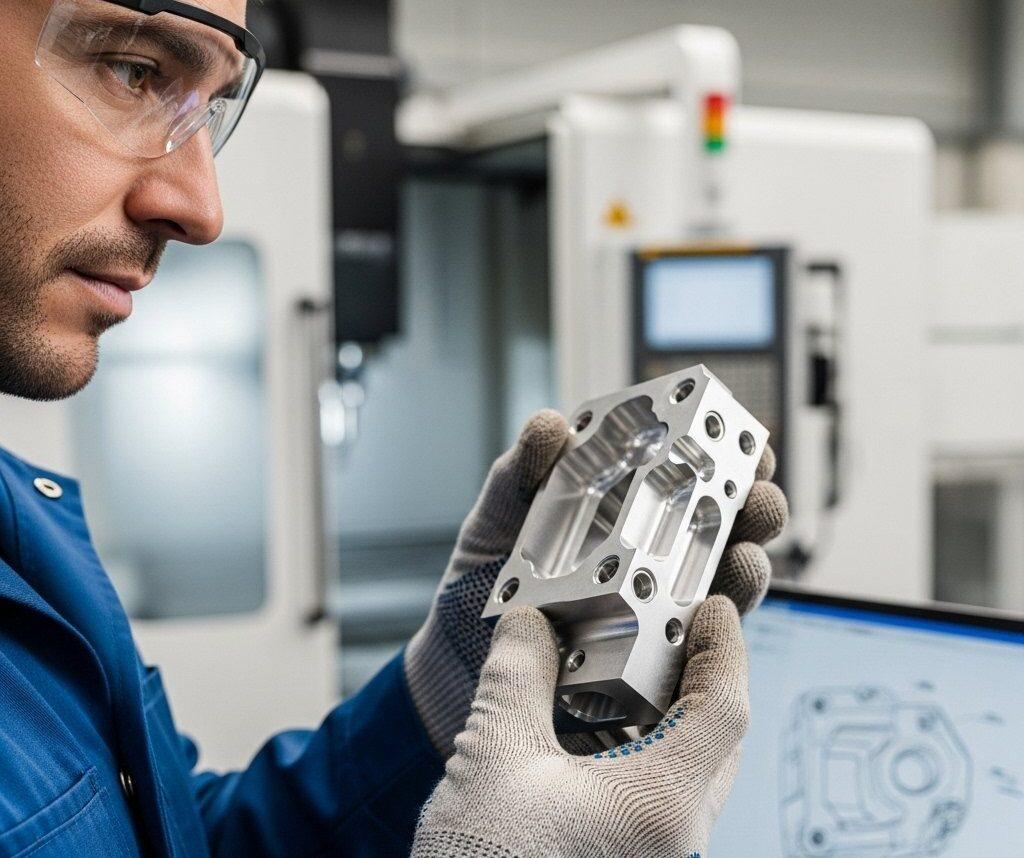 Gros plan d'un ingénieur compétent examinant méticuleusement une pièce en aluminium de qualité aérospatiale usinée avec précision par CNC, mettant en valeur des caractéristiques complexes et une finition de surface excellente. Un schéma de plan numérique est visible sur une tablette en arrière-plan d'un atelier moderne et propre équipé de machines CNC avancées, soulignant la fabrication de haute qualité et la précision en ingénierie.