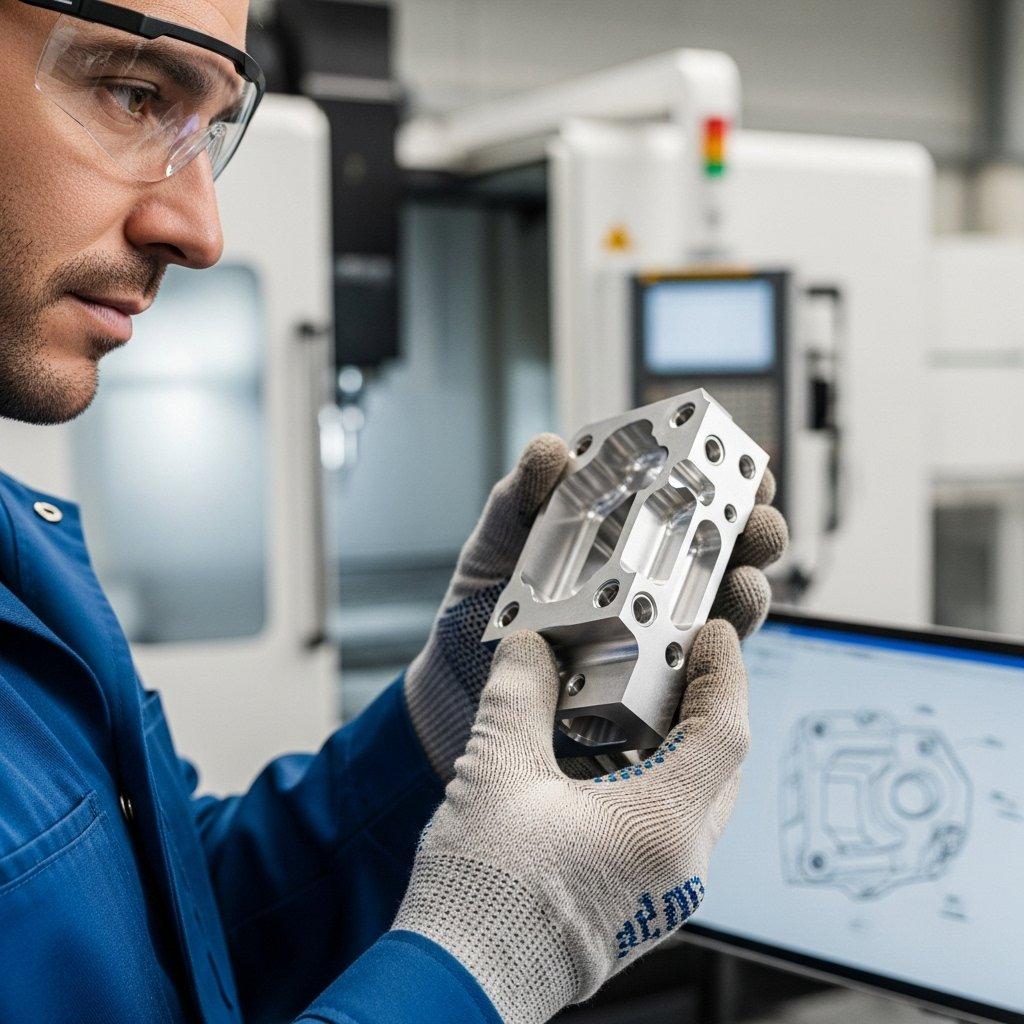 Gros plan d'un ingénieur compétent examinant méticuleusement une pièce en aluminium de qualité aérospatiale usinée avec précision par CNC, mettant en valeur des caractéristiques complexes et une finition de surface excellente. Un schéma de plan numérique est visible sur une tablette en arrière-plan d'un atelier moderne et propre équipé de machines CNC avancées, soulignant la fabrication de haute qualité et la précision en ingénierie.