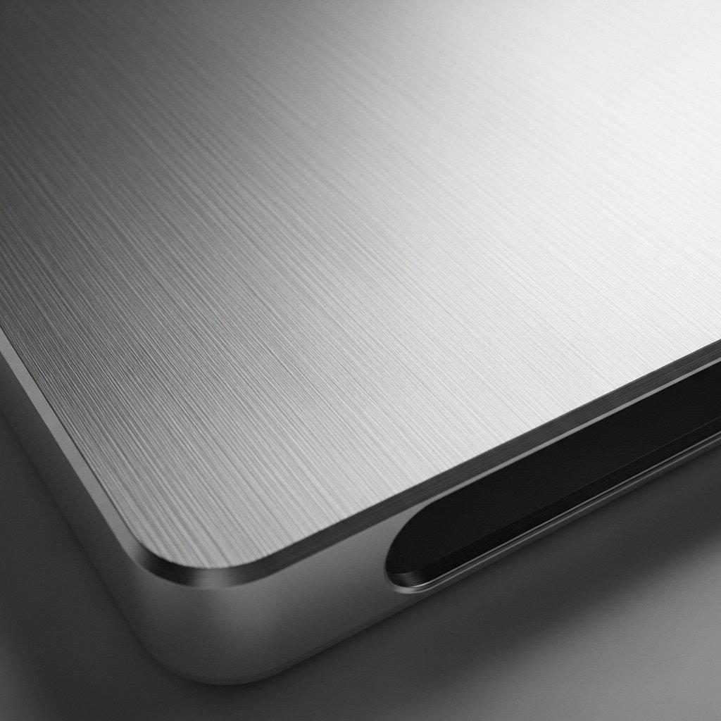 Nahaufnahme eines eleganten, silbernen Aluminiumgehäuses für ein Unterhaltungselektronikgerät, mit einer perfekt gleichmäßigen linearen Bürstung. Die detaillierte Textur, das Fehlen von Unvollkommenheiten und die subtile Reflexion unterstreichen seine hochwertige Qualität und modernes Design.