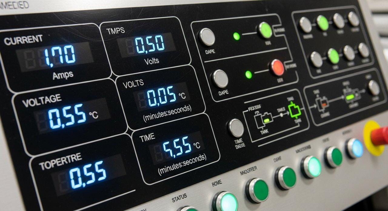 Close-up of a sophisticated anodizing line control panel featuring modern digital readouts for precise monitoring of current, voltage, temperature, and time. This advanced interface highlights precision process control in manufacturing technology.