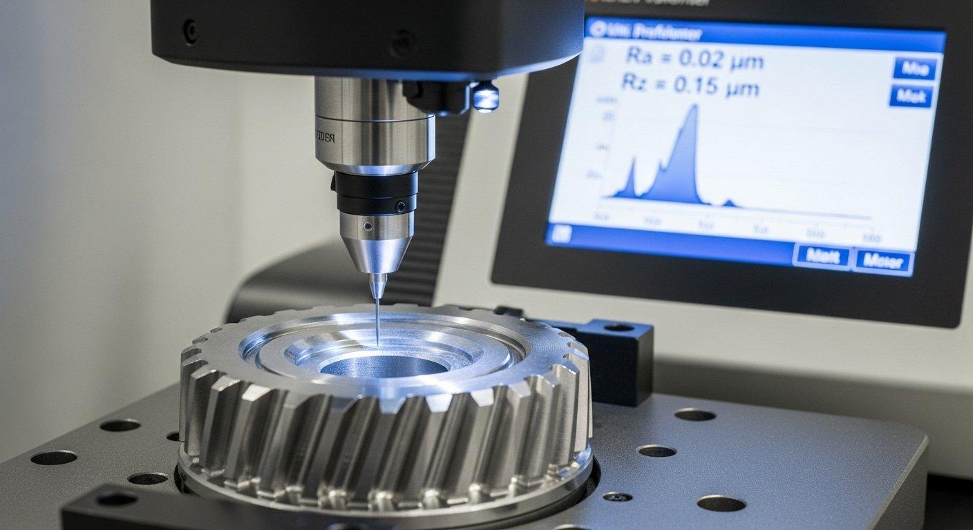 Primer plano de un profilómetro avanzado midiendo con precisión la rugosidad superficial de un componente mecanizado, mostrando valores Ra y Rz en una pantalla digital
