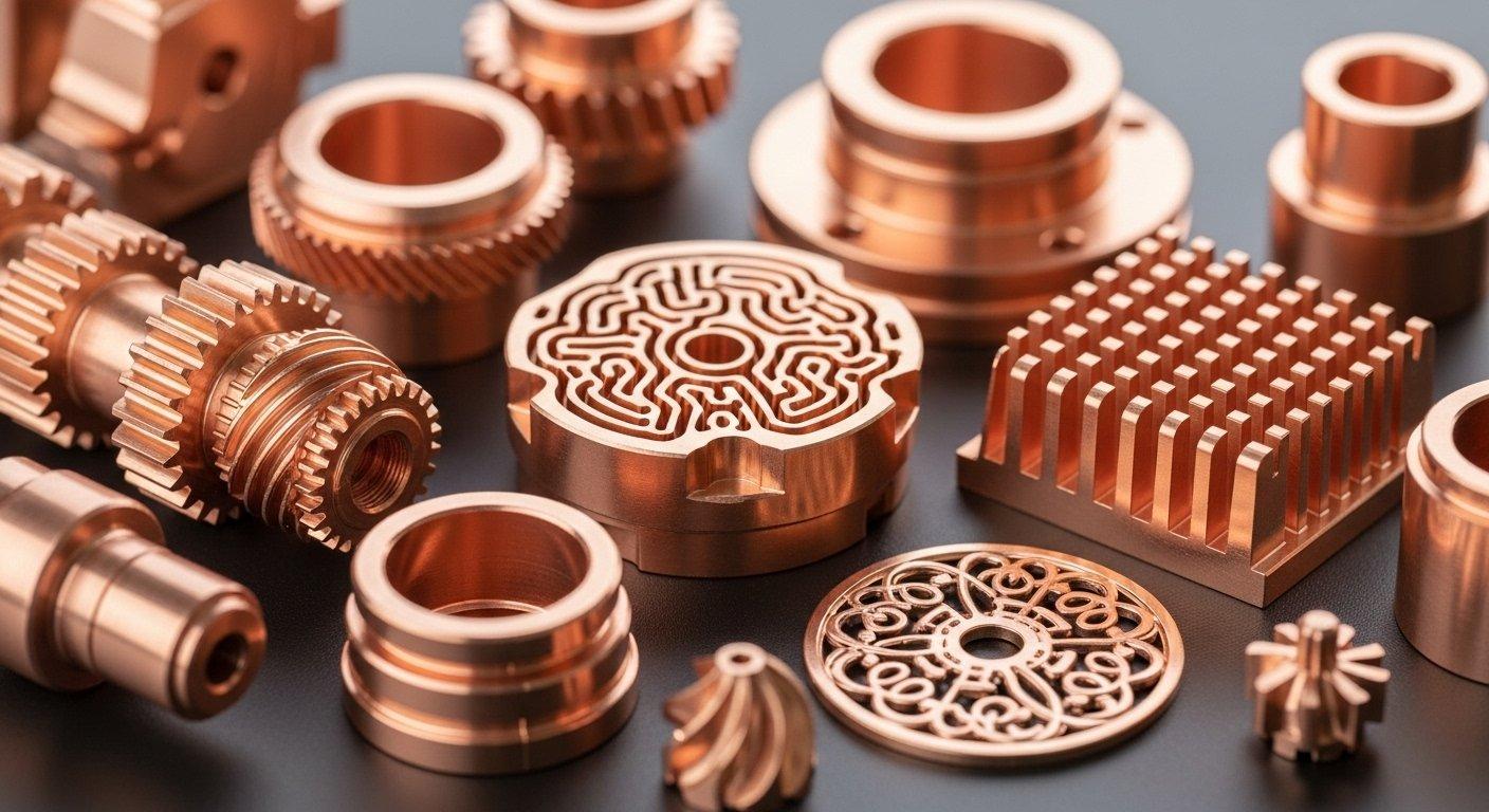 Close up of diverse high quality CNC copper parts