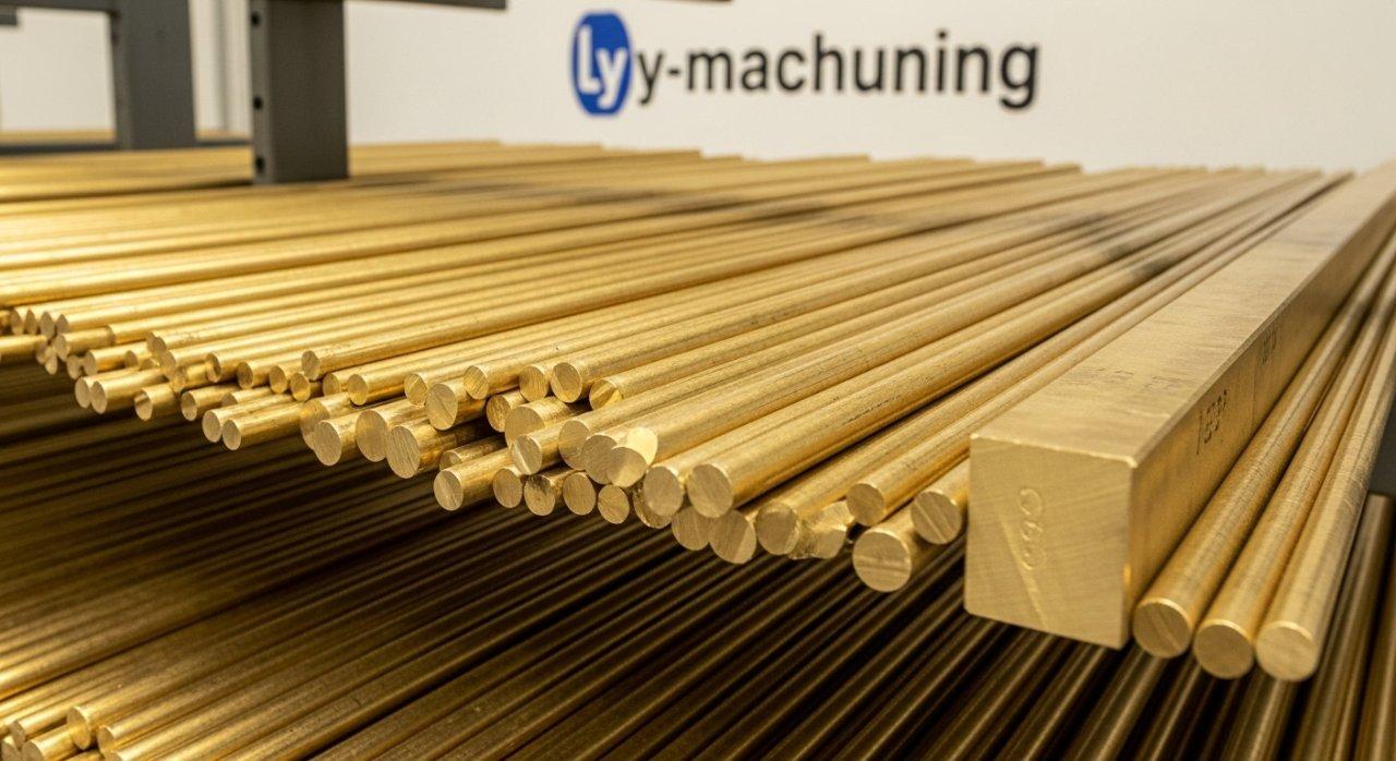 Nahaufnahme von ordentlich gestapelten Rohmessingstangen und -leisten verschiedener Durchmesser, die eine einheitliche Farbe und eine glatte Oberfläche aufweisen und ein hochwertiges Materiallager darstellen. Im verschwommenen Hintergrund deutet ein subtiler 'ly-machining'-Logo auf Qualitätsbearbeitung hin.