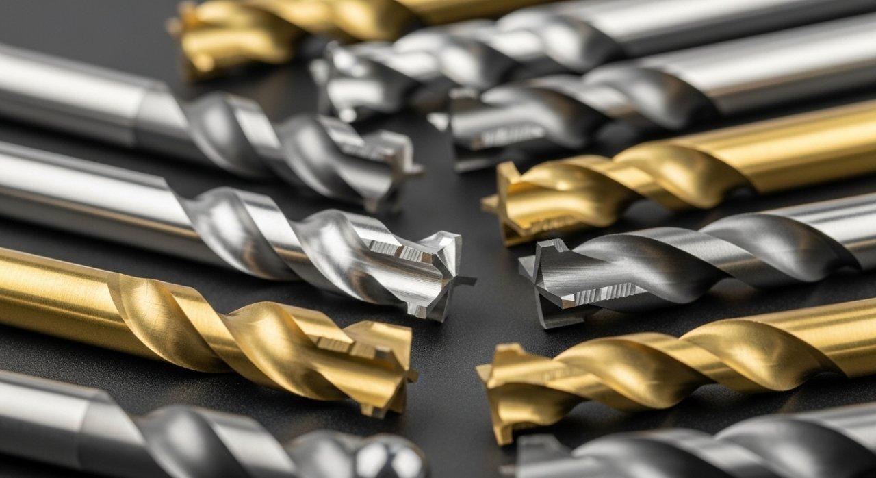 Vista en primer plano de varias herramientas de corte CNC específicamente diseñadas para latón, mostrando diversas geometrías y recubrimientos especializados. La imagen hi