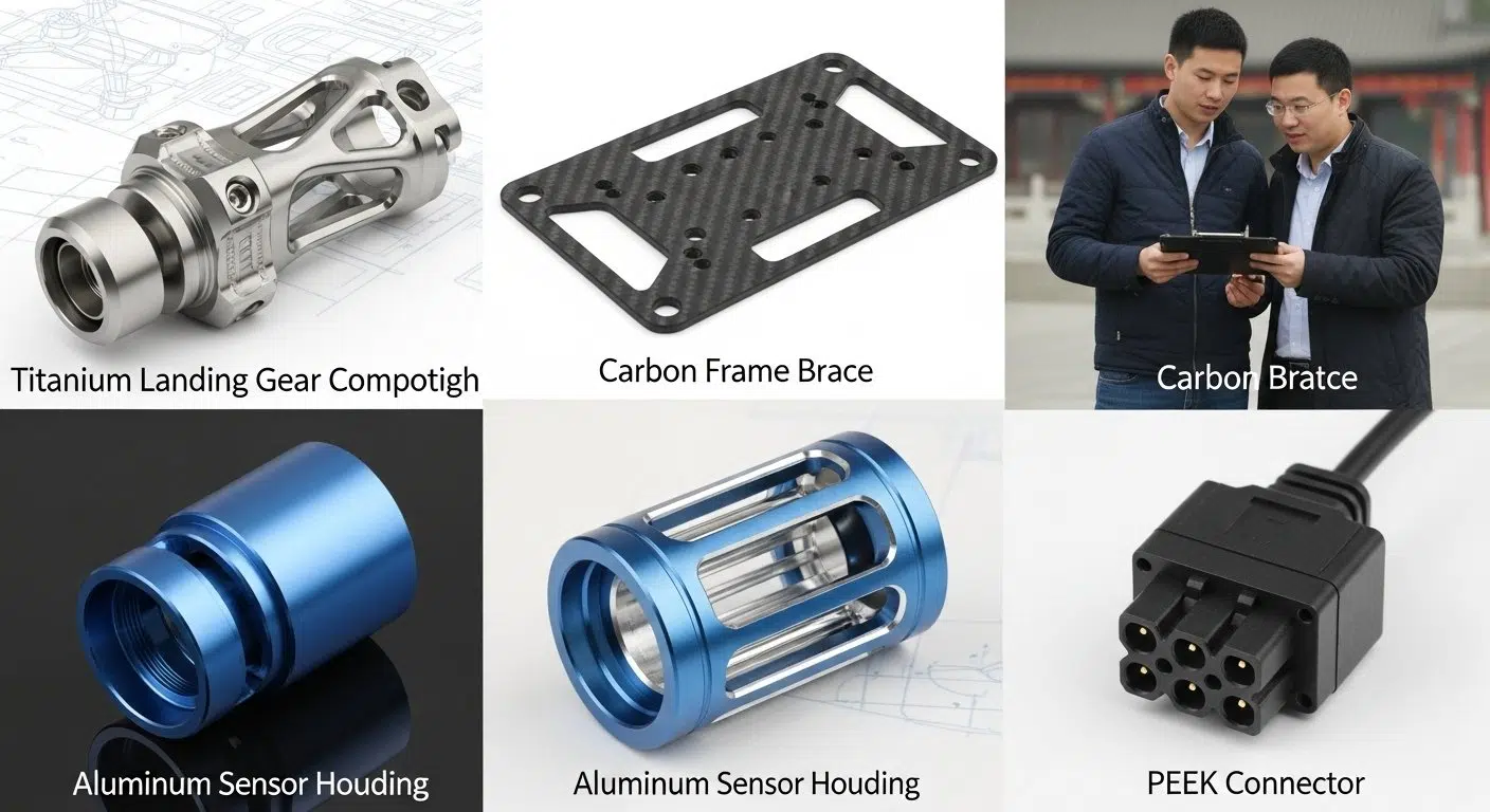 Collage de piezas de drones mecanizadas con CNC: tren de aterrizaje de titanio, marco de fibra de carbono, carcasa de sensor de aluminio anodizado y conector PEEK. Mostrar