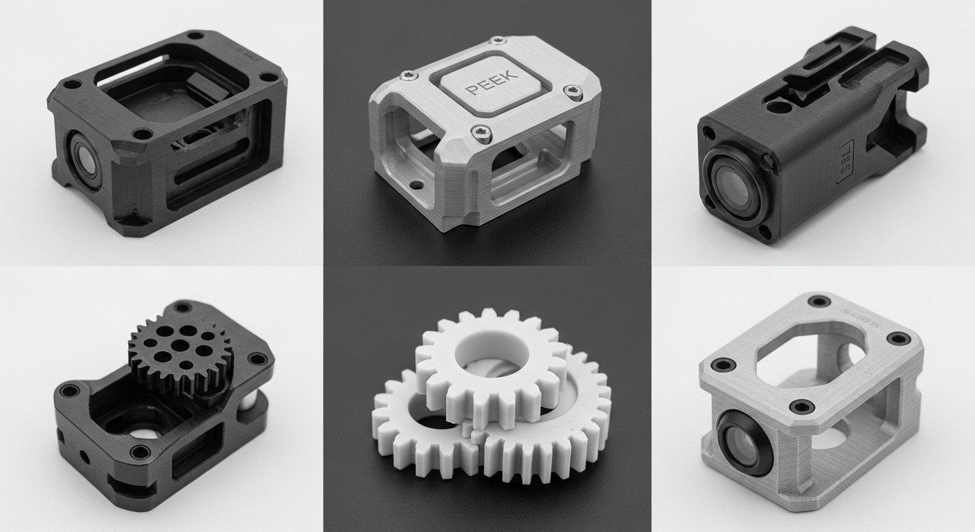 Collage of precision CNC machined drone parts including a PEEK electronics enclosure Delrin gear set and plastic sensor mount highlighting the