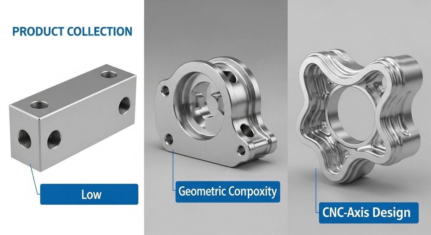 Collage de tres piezas mecanizadas por CNC demostrando diferentes niveles de complejidad geométrica: un bloque rectangular simple, un componente moderadamente complejo con in