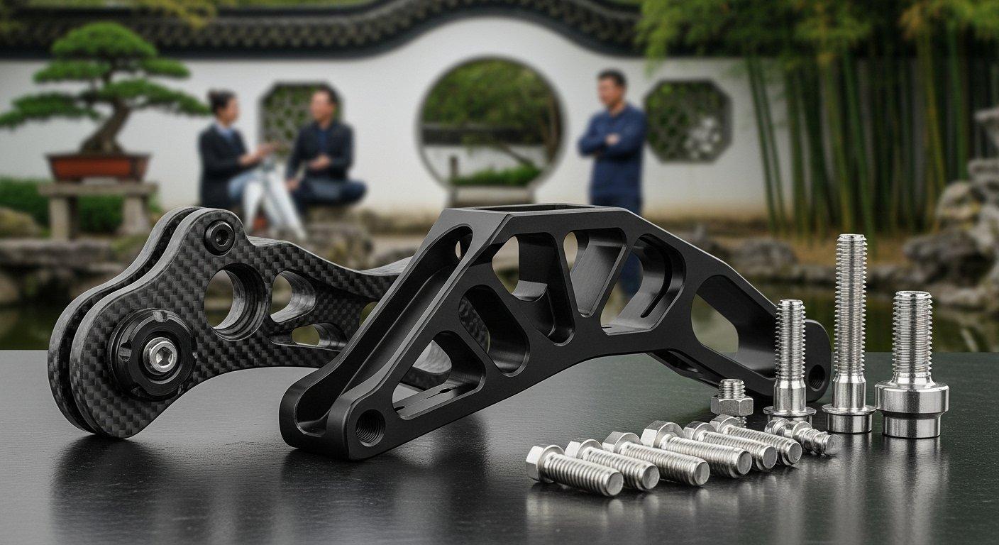 Collection de pièces d'archerie usinées par CNC comprenant un riser en aluminium 7075 T6, une came en composite de fibre de carbone et des fixations en acier inoxydable, mettant en valeur