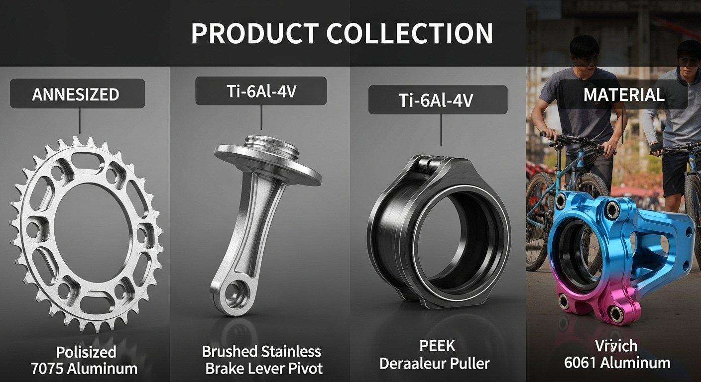 Collection of five distinct CNC machined bicycle parts showcasing diverse materials and finishes. Features an anodized 7075 aluminum chainring p