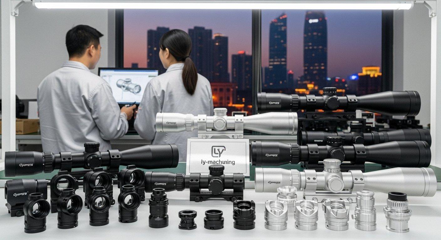 Collection of high precision CNC machined optical scope housings and components by ly machining featuring diverse sizes anodized aluminum and c