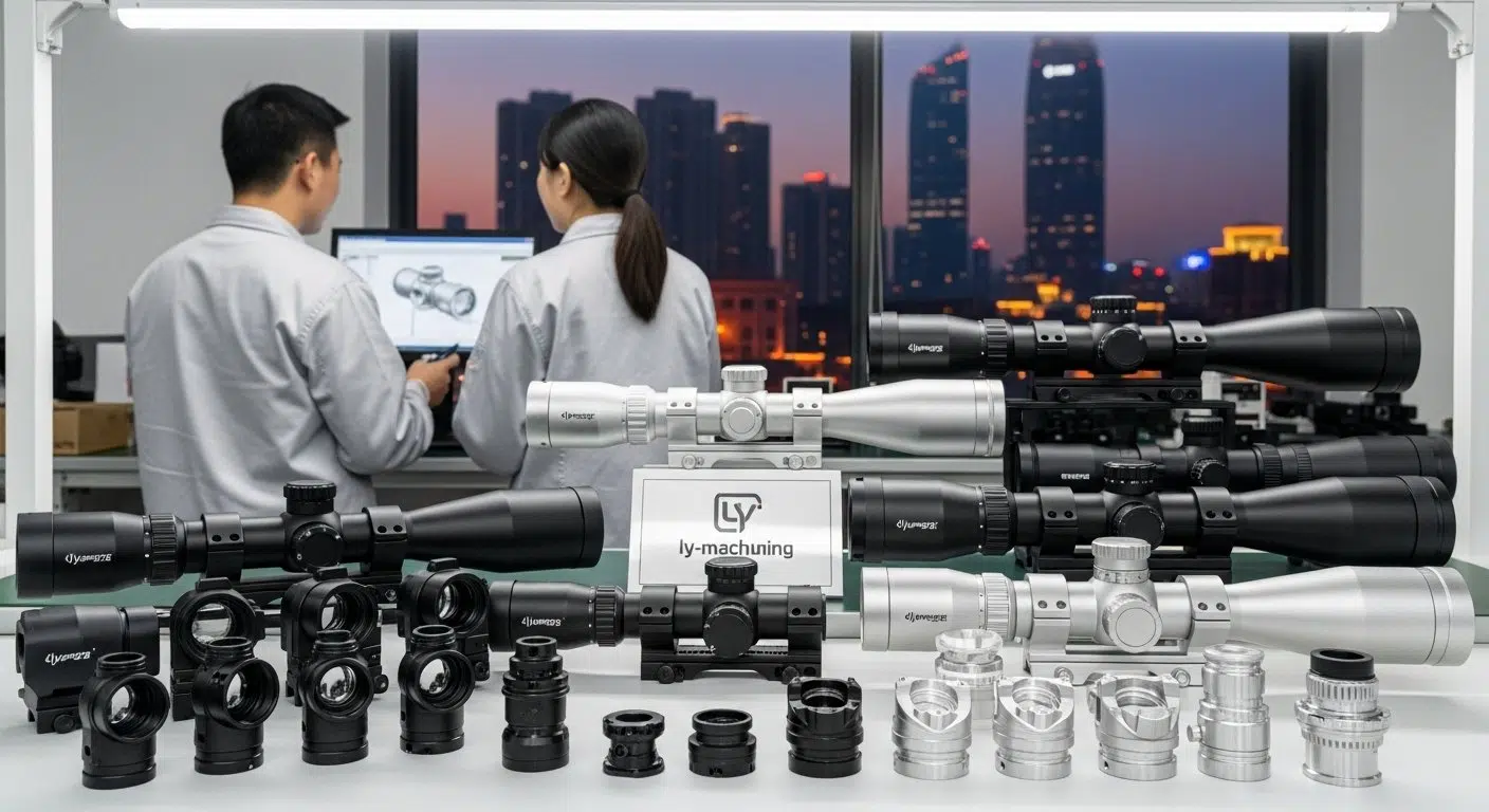 Colección de carcasas y componentes de alcance óptico de alta precisión mecanizados por CNC por ly machining, que presenta diversos tamaños, aluminio anodizado y c