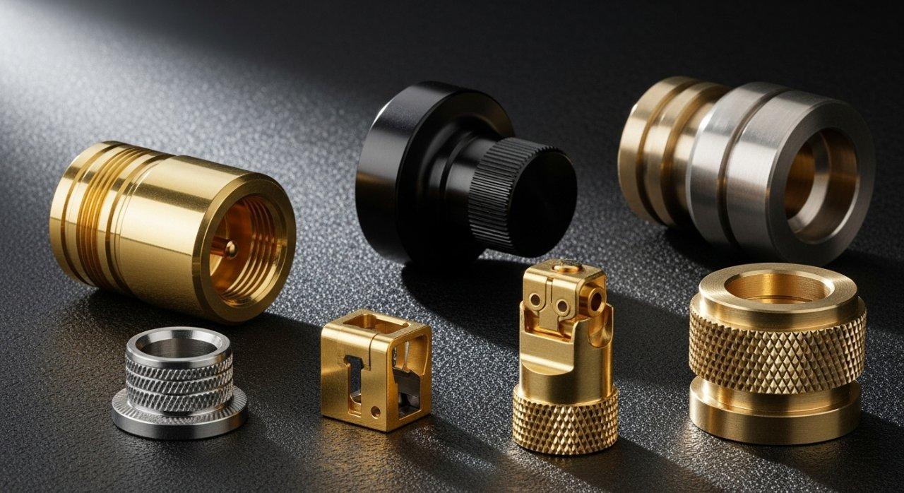 Sammlung hochpräziser Messing-CNC-gefertigter Teile, die vielfältige Formen und spezialisierte Oberflächenbehandlungen wie poliert, schwarz oxidiert und