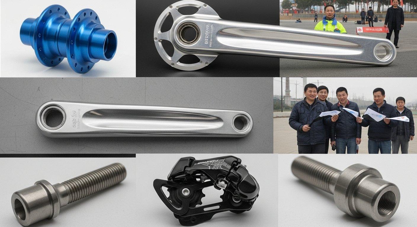 Collection of precision CNC machined bicycle parts with diverse surface finishes anodized blue aluminum hub polished silver crank arm laser eng