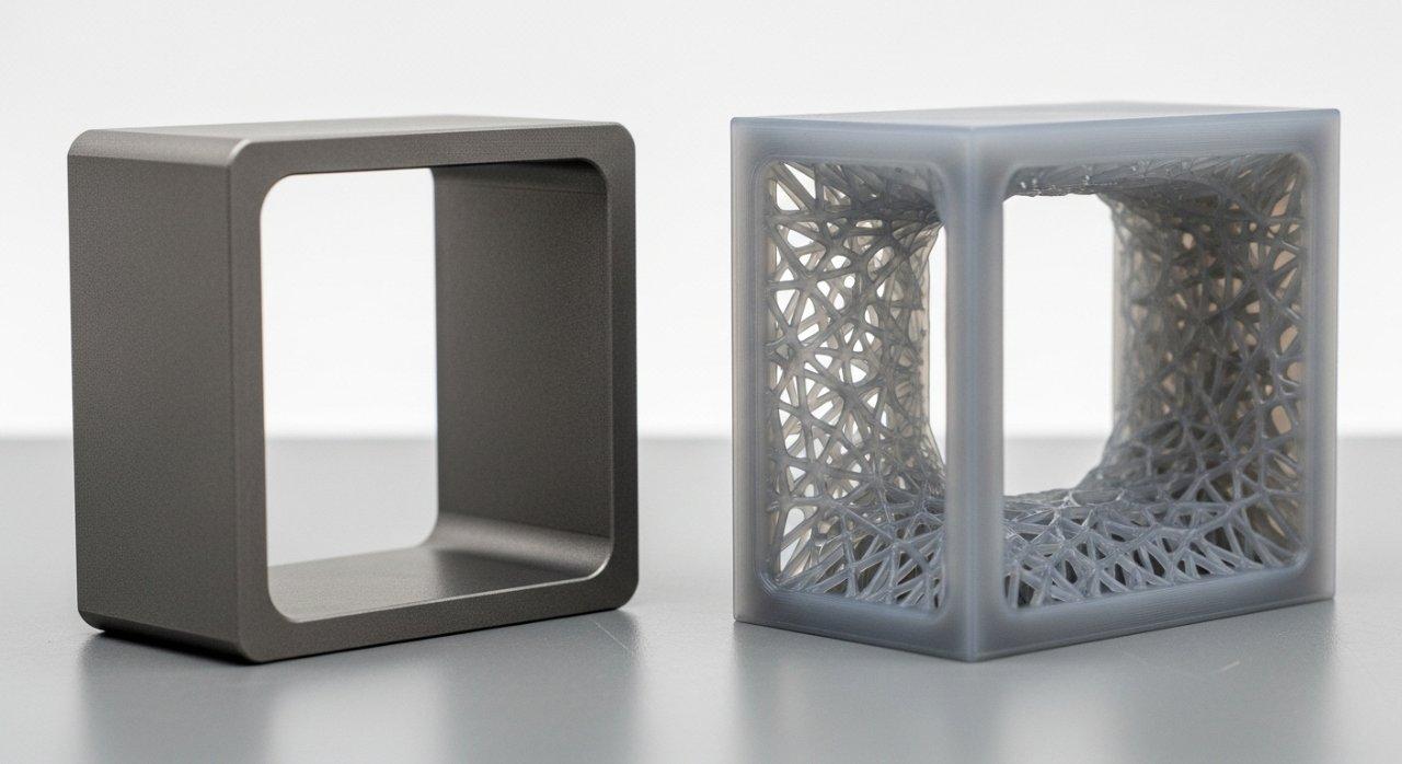 Anspruchsvoller visueller Vergleich eines technischen Halters: eine solide, konventionell entworfene Version neben einer leichten, 3D-gedruckten Version mit einem