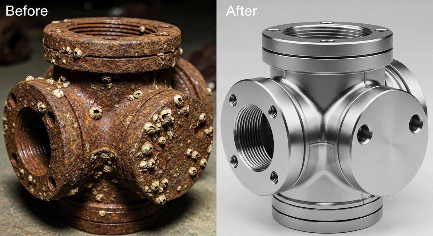 Conector submarino de acero inoxidable 316L oxidado vs. nuevo