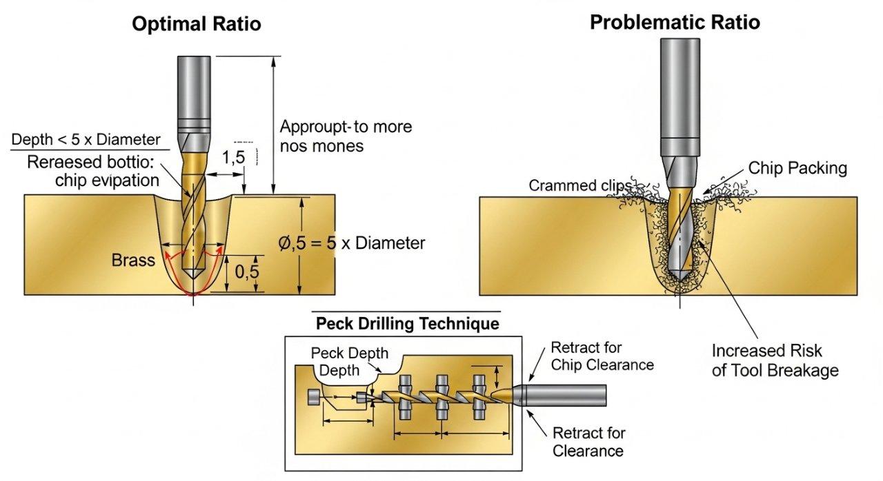 Diagrama técnico de sección transversal que ilustra las proporciones óptimas de profundidad del agujero a diámetro para un taladrado eficiente en latón. La visualización compara aceptabilidad