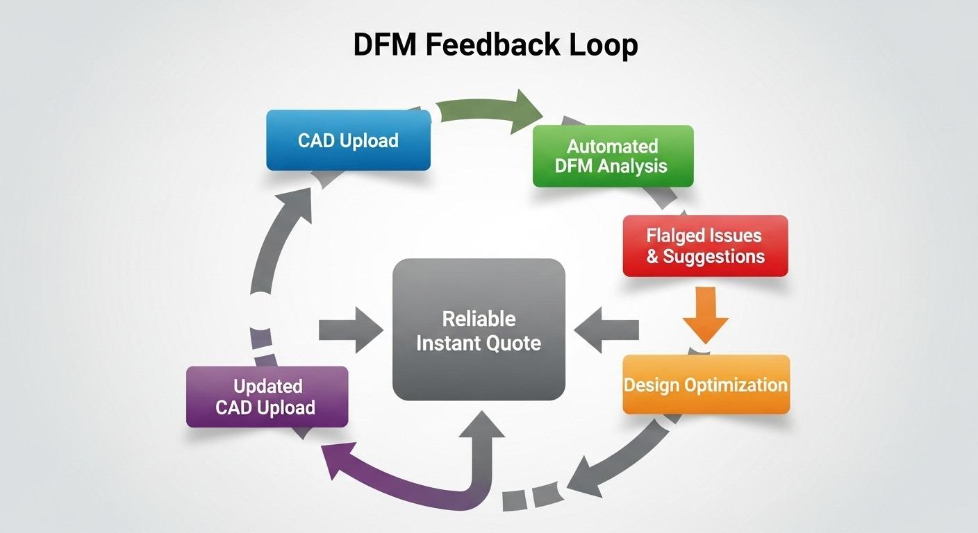 Gráfico vectorial del ciclo de retroalimentación DFM que ilustra el proceso iterativo de carga de CAD, análisis DFM automatizado, optimización de diseño y actualización del archivo CAD