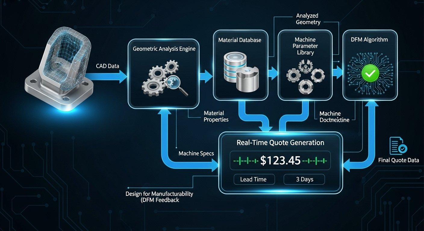 Diagrama de flujo de datos para un sistema confiable de cotización instantánea de mecanizado CNC que ilustra un modelo CAD 3D procesado mediante análisis geométrico material