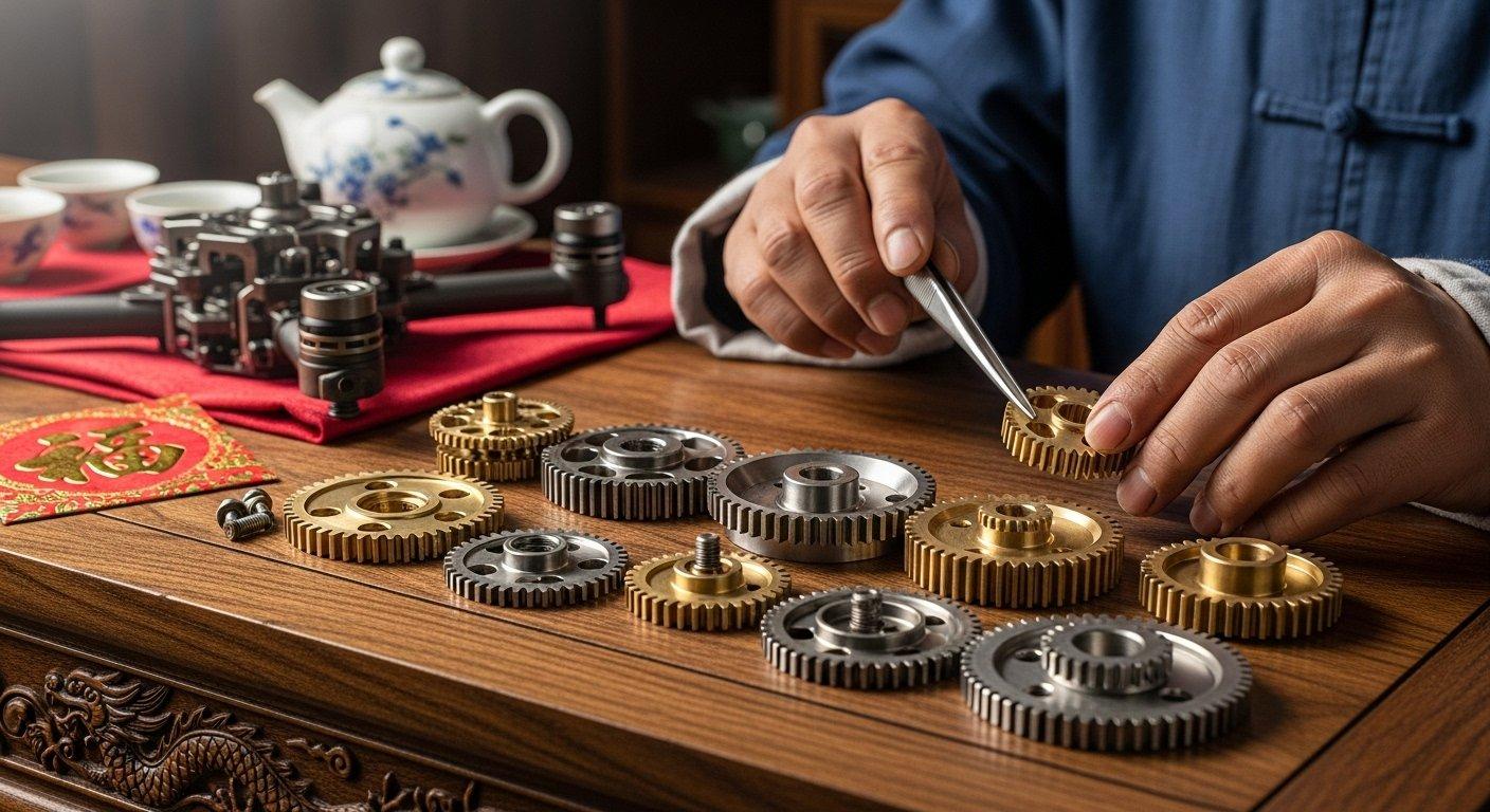 İnce toleranslar ve pürüzsüz yüzey bitişlerini vurgulayan drone gimbal için hassas CNC işlenmiş iç dişliler ve mekanizmaların detaylı yakın çekimi