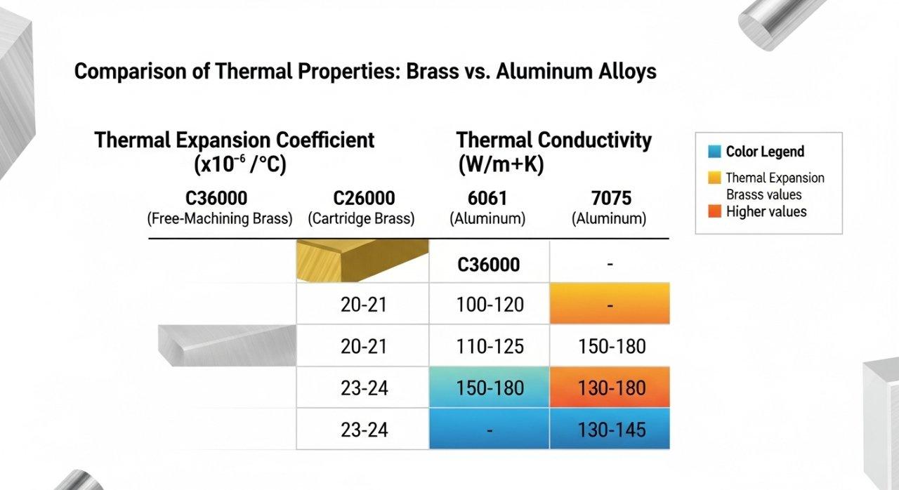 Detailed comparison table displaying thermal expansion coefficients and thermal conductivity for common brass alloys (C36000, C26000) and aluminum alloys (6061, 7075). The color-coded vector graphic clearly illustrates the magnitude of these material properties, useful for engineering and design comparisons.