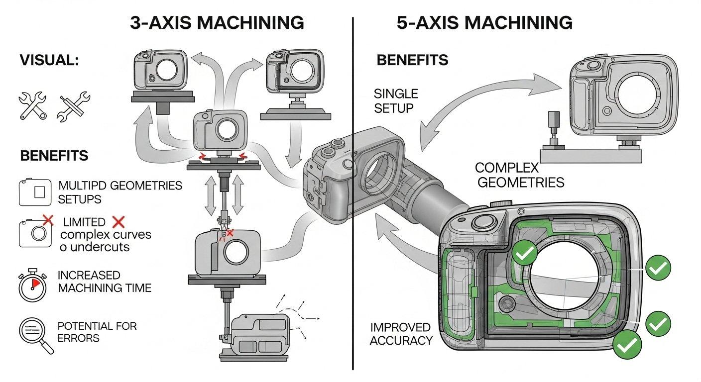 Detailed infographic comparing 3 axis and 5 axis CNC machining for camera housings highlighting the superior benefits of 5 axis including single