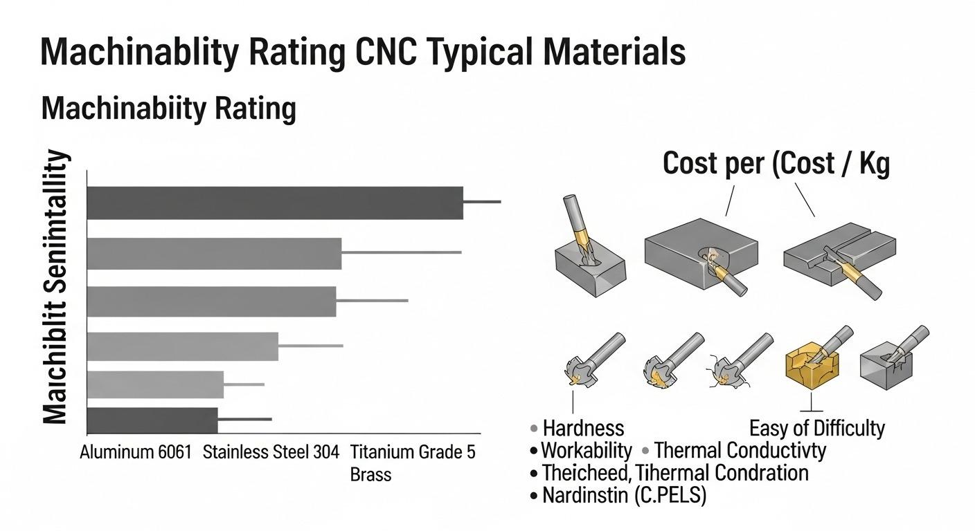 CNC malzeme işlenebilirlik dereceleri ve tipik maliyetleri karşılaştıran detaylı infografik. Yaygın malzemelerin işlenebilirliği ve kilogram başına maliyeti görselleştiriyor
