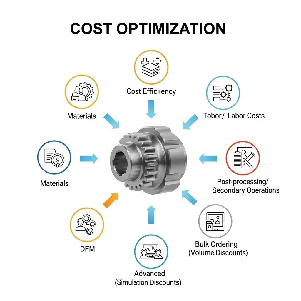 Infographie détaillée illustrant les stratégies d'optimisation des coûts pour l'usinage CNC. Une pièce centrale usinée avec précision (roue dentée) est entourée d'icônes représentant les principaux facteurs de coût : matériaux, main-d'œuvre, outils, post-traitement et qualité. Des flèches pointant vers l'intérieur mettent en évidence des méthodes d'optimisation telles que la Conception pour la Fabricabilité (DFM), l'adoption de technologies de fabrication avancées et la commande en gros, soulignant l'efficacité basée sur les données et la réduction des coûts de production dans la fabrication moderne.