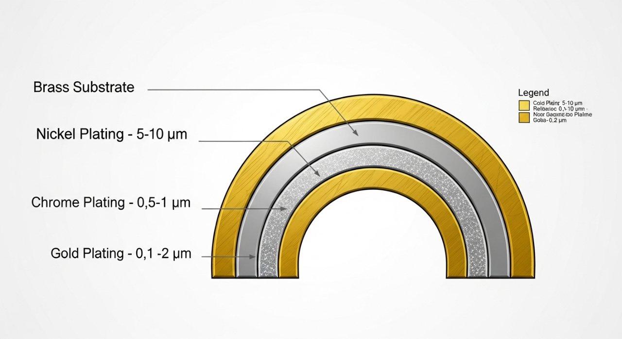 Detaillierte Infografik, die einen Querschnitt einer Messingkomponente zeigt und deutlich die verschiedenen Plattierungsschichten aus Nickel, Chrom und Gold veranschaulicht. Jede