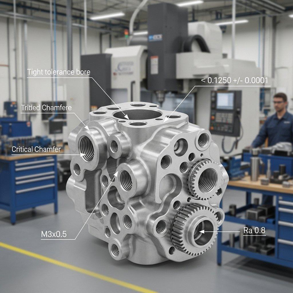 Detaillierte technische Illustration eines komplexen, hochpräzisen, maßgeschneiderten CNC-gefertigten Teils, mit subtilen Pfeilen, die wichtige Merkmale hervorheben. Der verschwommene Hintergrund eines modernen CNC-Werkstattbodens vermittelt fortschrittliche Fertigungskapazitäten, Fachwissen und die Komplexität der maßgeschneiderten Präzisionstechnik.