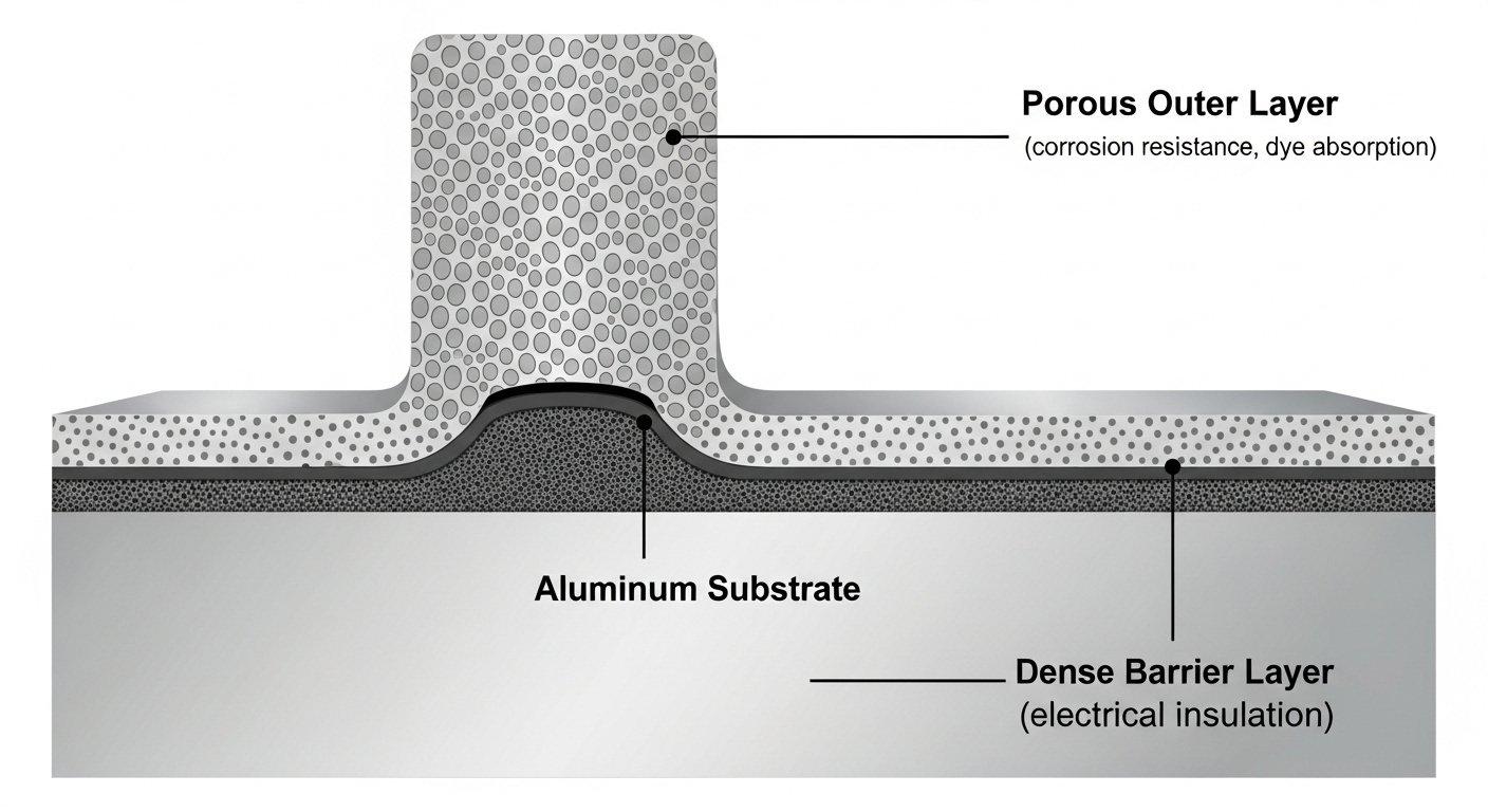 Sección transversal vectorial detallada de una superficie de aluminio anodizado que muestra el sustrato de aluminio, la capa de barrera densa y la capa de óxido porosa con