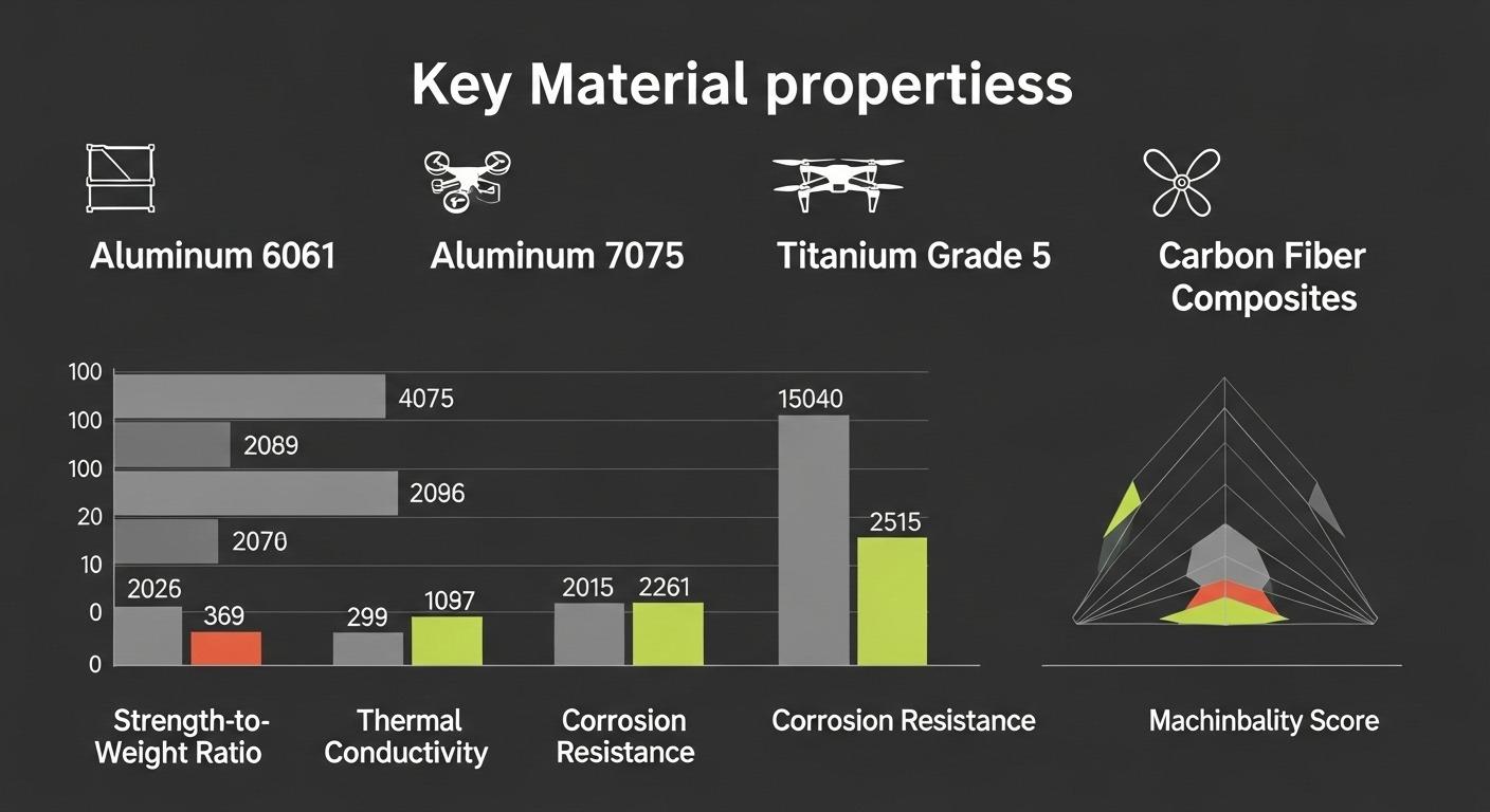 Graphique vectoriel détaillé comparatif mettant en évidence les propriétés clés des matériaux pour pièces de drone usinées en CNC. Il compare l'aluminium 6061, l'aluminium 7