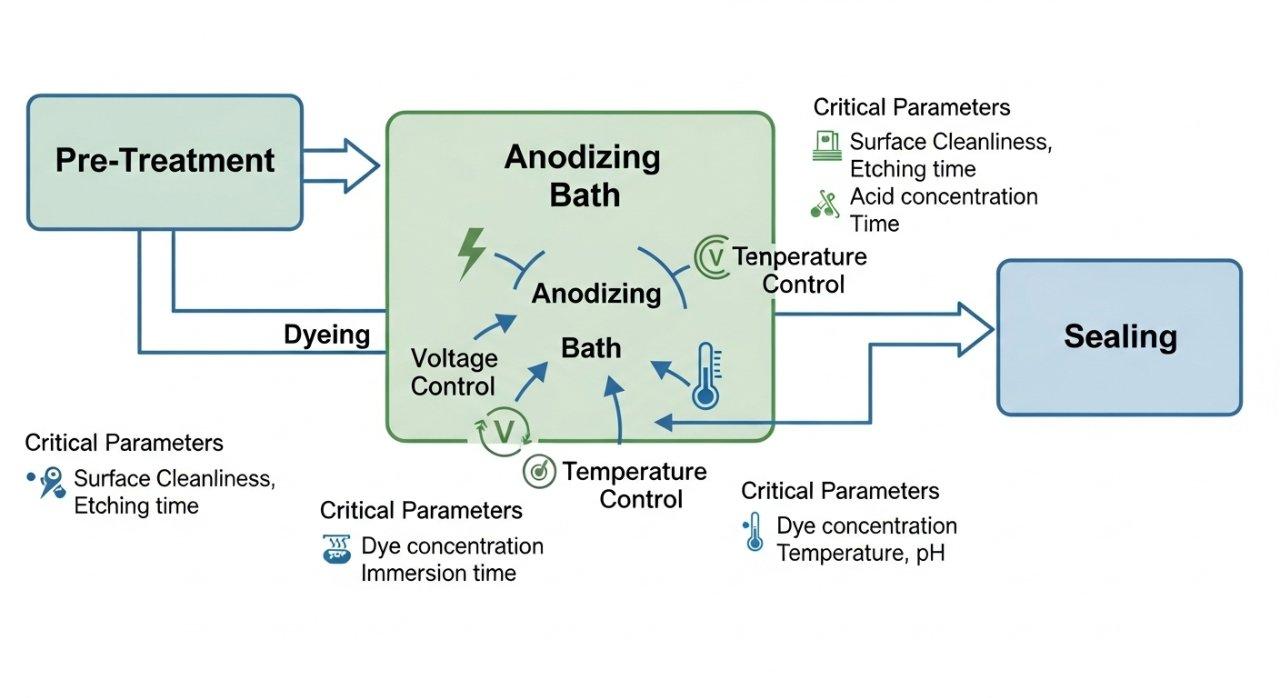 Detailed vector graphic flowchart illustrating the multi step anodizing process beginning with pre treatment advancing through the anodizing bat 1