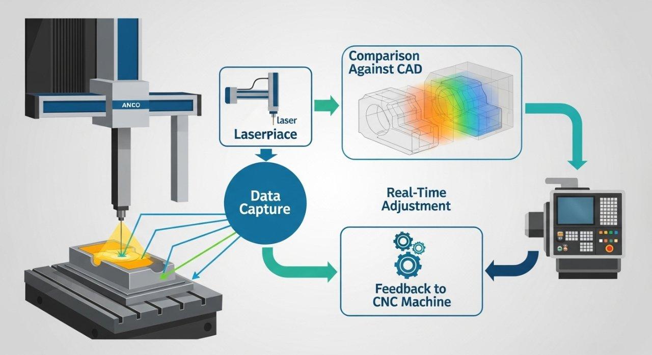 Detailed vector graphic illustrating the in-process metrology process flow for precision machining. It shows real-time data capture, comparison against CAD models, feedback to CNC machines, and automated real-time adjustments to ensure manufacturing accuracy and optimize production.