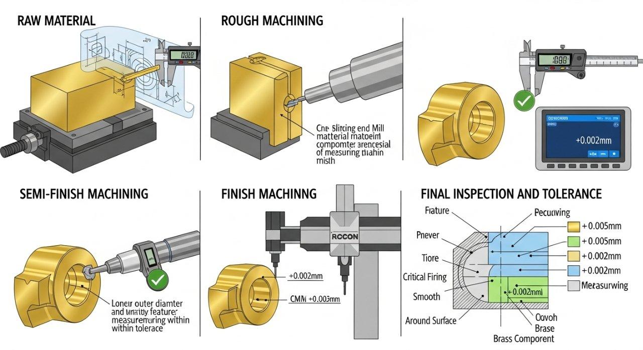 Detaillierte Vektorgrafik, die den mehrstufigen CNC-Bearbeitungsprozess einer Messingkomponente veranschaulicht und betont, wie Präzision gewahrt bleibt. Es zeigt