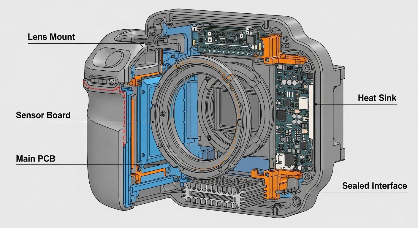 Graphique vectoriel détaillé de la structure interne complexe d'un boîtier de caméra, mettant en évidence la précision de l'usinage CNC, les géométries complexes, l'objectif et le capteur