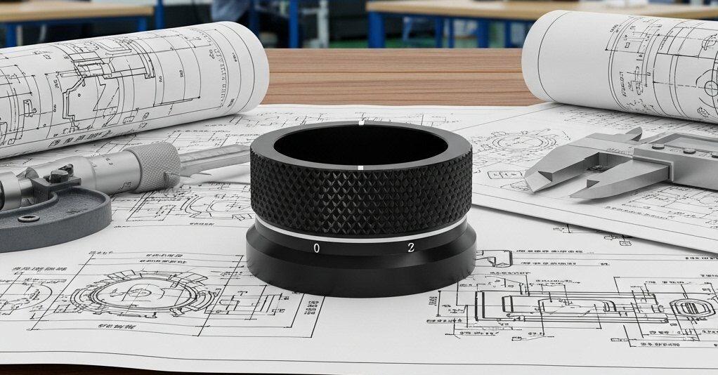 Vista detallada de una perilla de aluminio anodizado negro, mecanizada por CNC, en un banco de trabajo junto a planos de ingeniería, calibradores y micrómetros. 1 1 e1759980031981