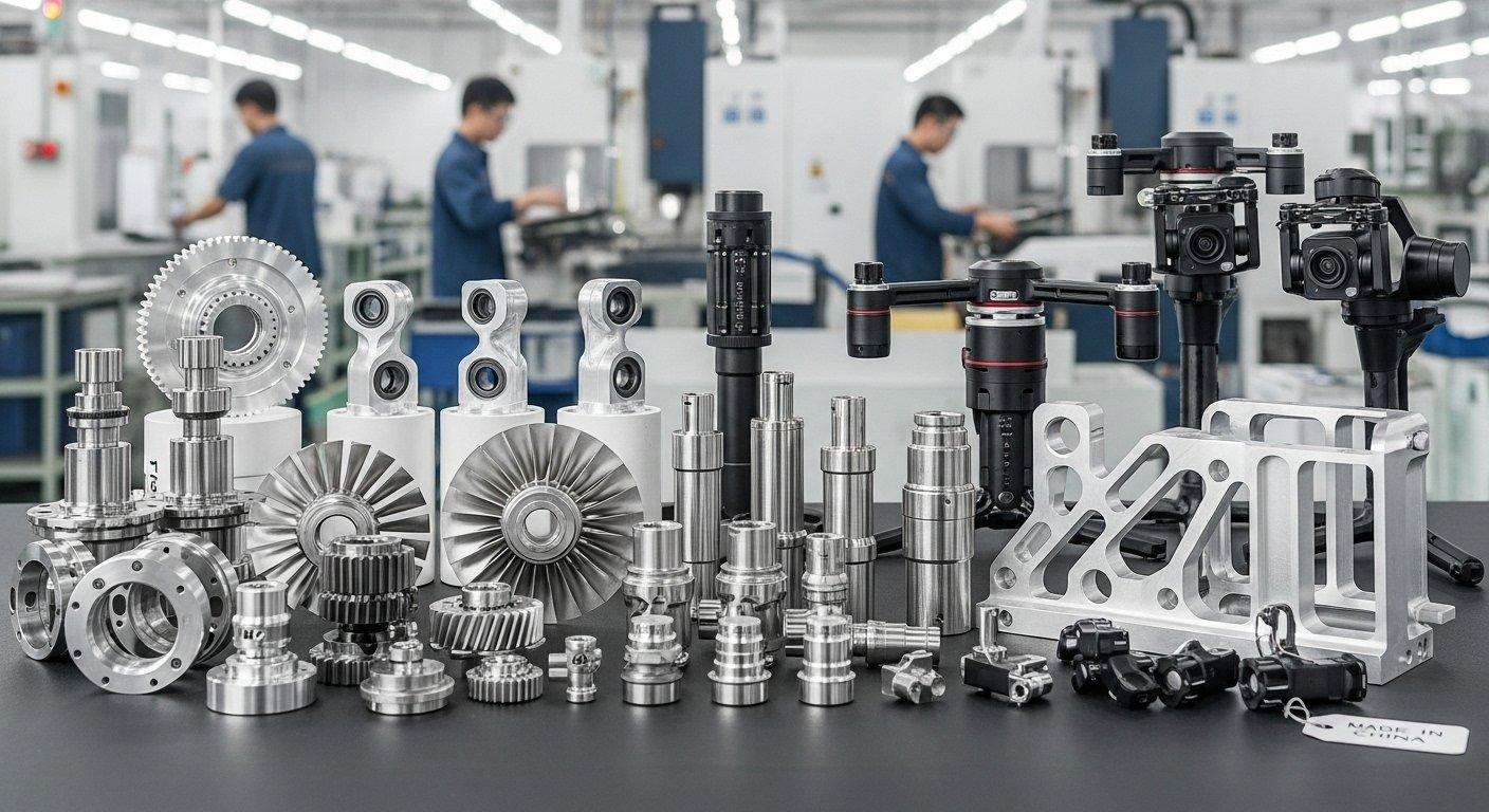 Drone gimbal, havacılık parçaları ve robotik bileşenler dahil olmak üzere çeşitli metal bileşenlerin CNC hassas işlenmiş koleksiyonu, gelişmiş teknolojileri sergiler