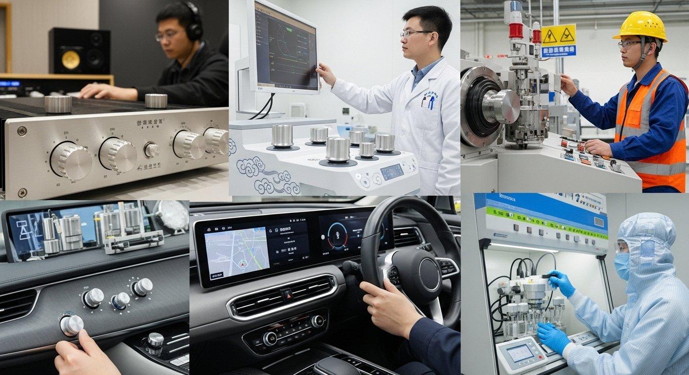 Vielfältige Sammlung von präzise CNC-gefertigten Metallsteuerknöpfen, die in verschiedenen High-End-Anwendungen wie Audioausrüstung, medizinischen Geräten