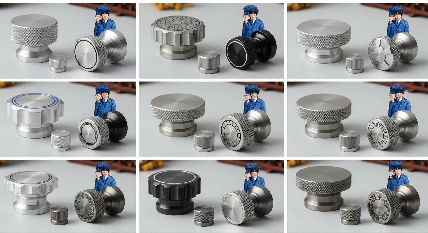 Colección diversa de perillas de metal mecanizadas por CNC de precisión, incluyendo diseños personalizados en aluminio, acero inoxidable y latón con anodizado y pulido a